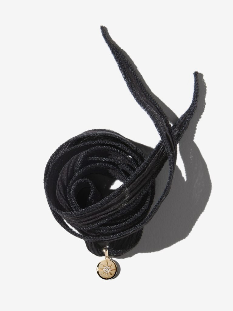 925 Sterling Silver SK3G . Black Silk and Diamond Star Medallion Necklace