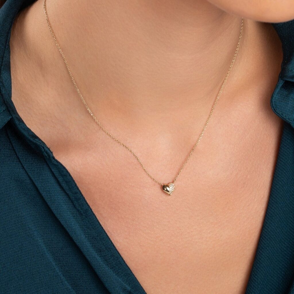 925 Sterling Silver Small Heart Pave Diamond Necklace