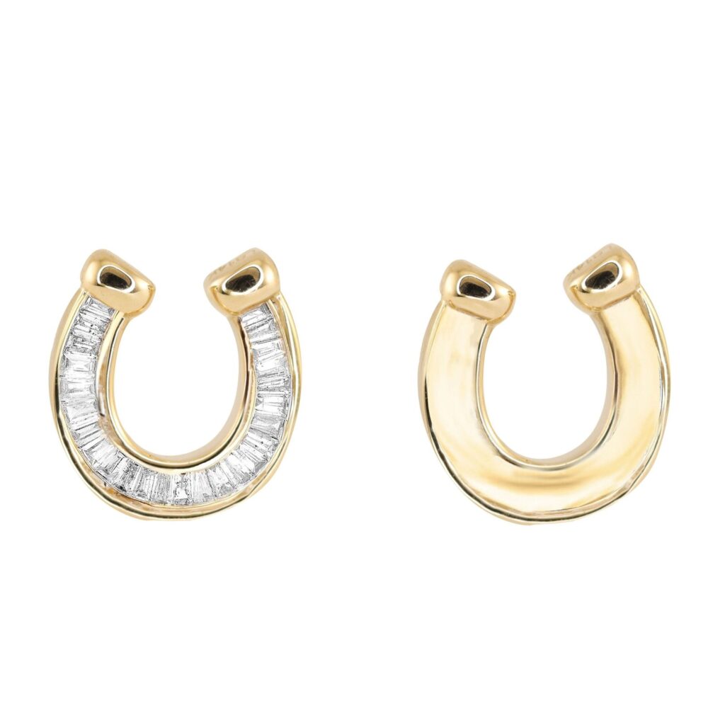 925 Sterling Silver Split Baguette Diamond Good Luck Horseshoe Stud Earrings