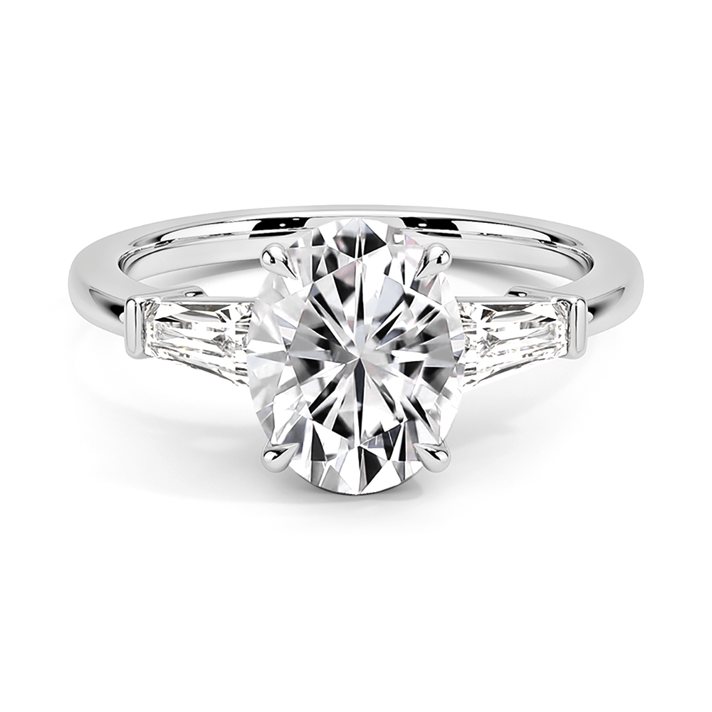 925 Sterling Silver Tapered Baguette Oval Cut Diamond Engagement Ring