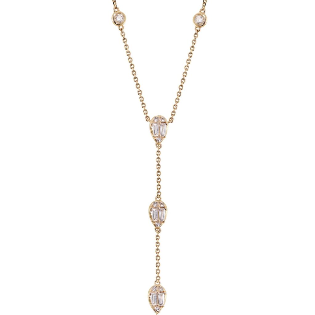 925 Sterling Silver Teardrop Baguette Diamond Lariat Necklace