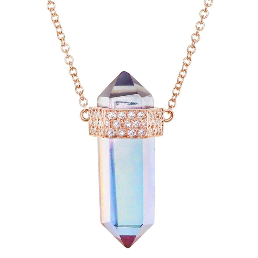 925 Sterling Silver Three Diamond Row Aqua Aura Crystal Bar Necklace