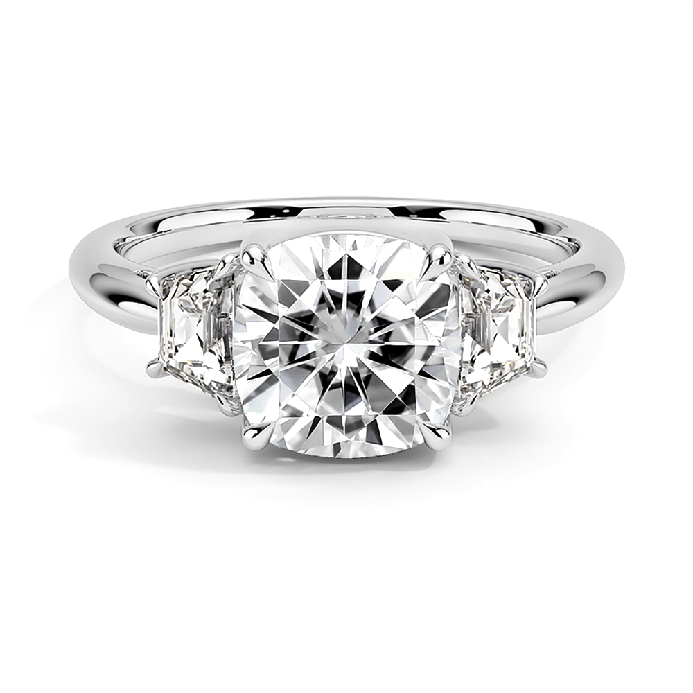 925 Sterling Silver Three Stone Cushion Diamond Engagement Ring Half Moon Sidestones