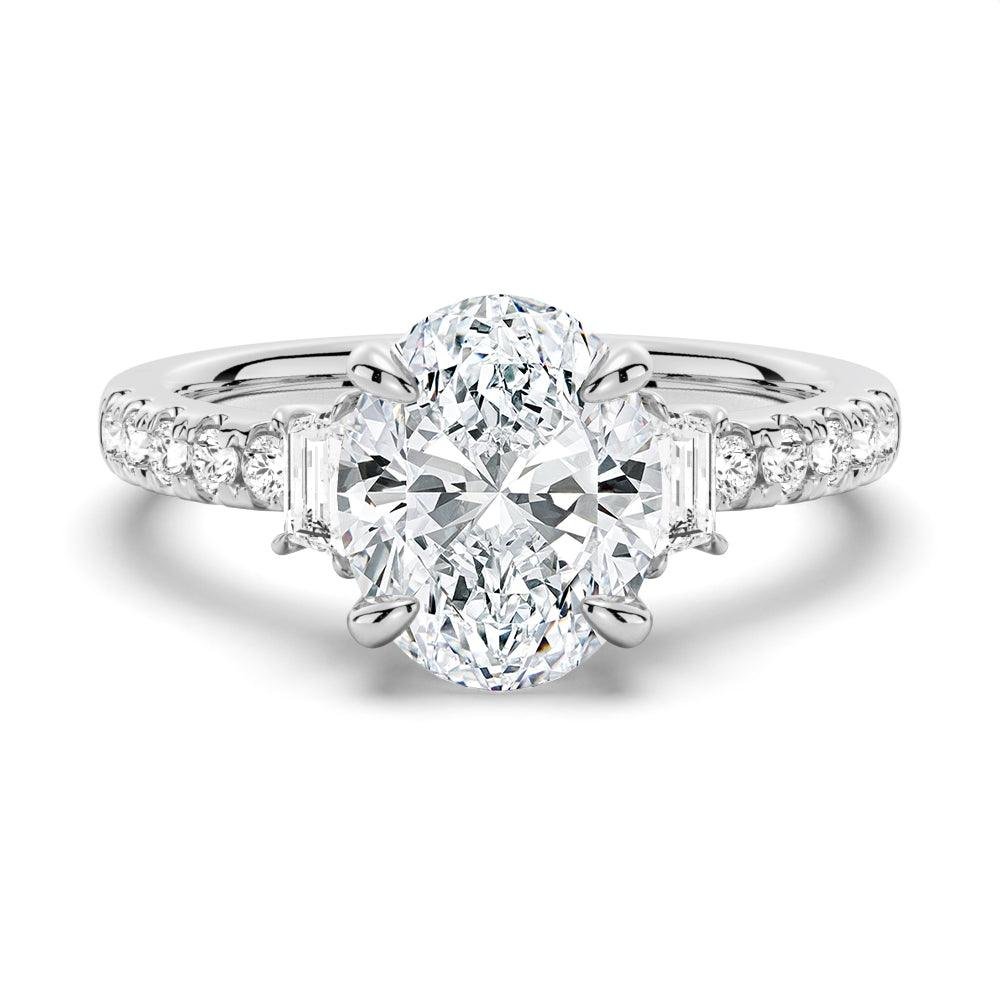 925 Sterling Silver Three Stone Oval and Half Moon Diamond Engagement Ring Pave Band