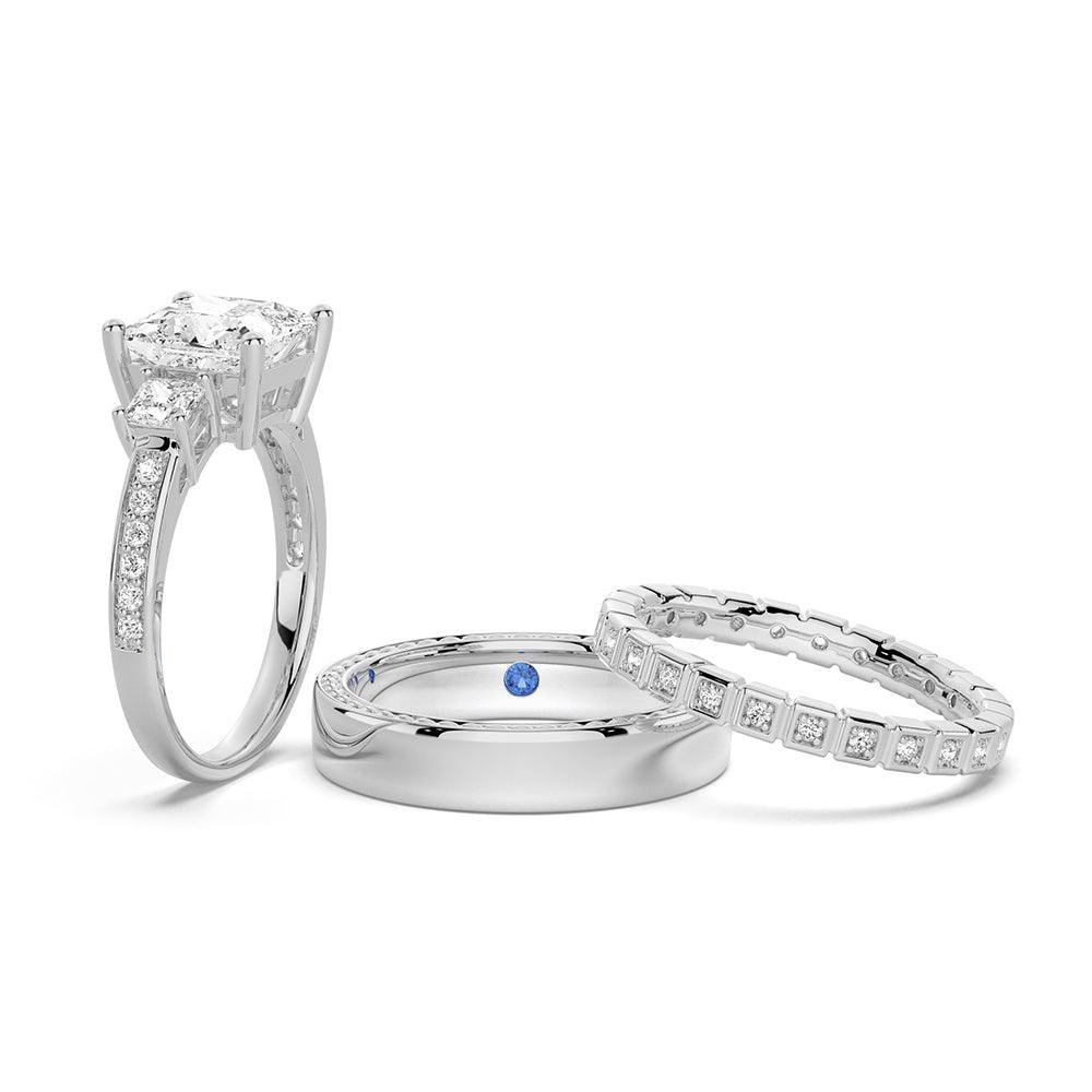 925 Sterling Silver Three Stone Princess Shaped Diamond Bridal Set Men Wedding Band