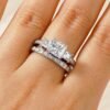 925 Sterling Silver Three Stone Princess Shaped Diamond Bridal Set Men Wedding Band - Image 22