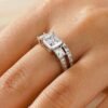 925 Sterling Silver Three Stone Princess Shaped Diamond Bridal Set Men Wedding Band - Image 23
