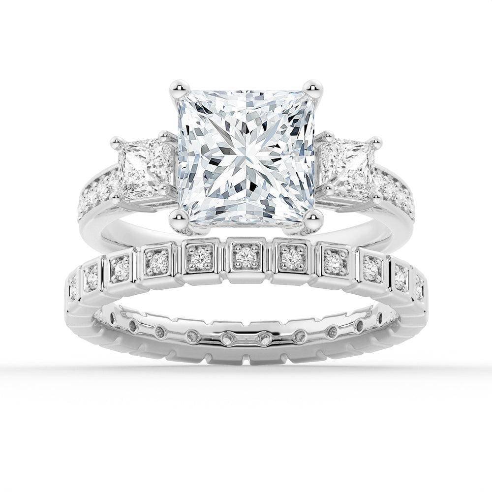 925 Sterling Silver Three Stone Princess Shaped Diamond Bridal Set