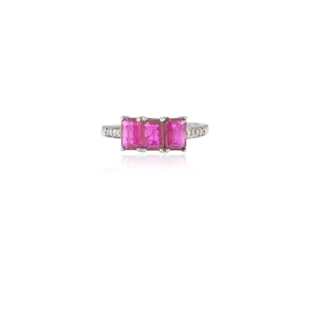 925 Sterling Silver Three Stone Ruby Statement Diamond Ring