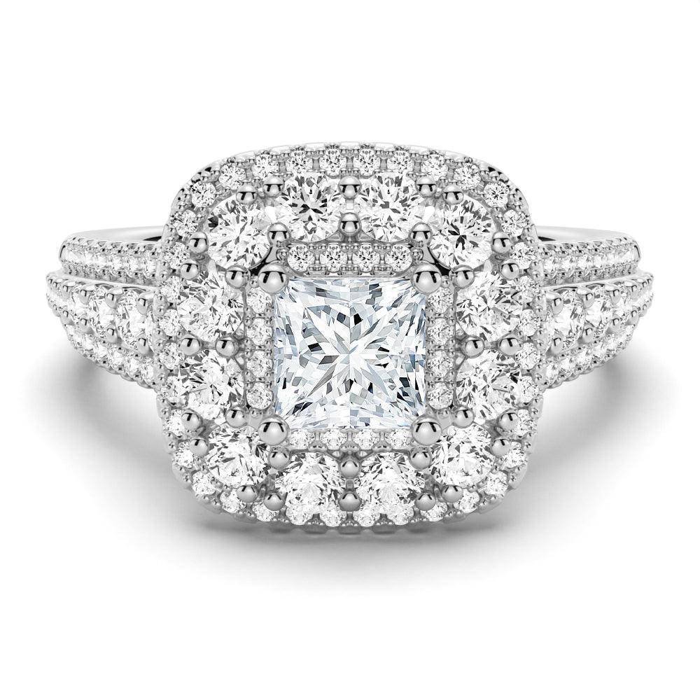 925 Sterling Silver Triple Halo Vintage Princess Cut Diamond Ring Triple Row Pave Band