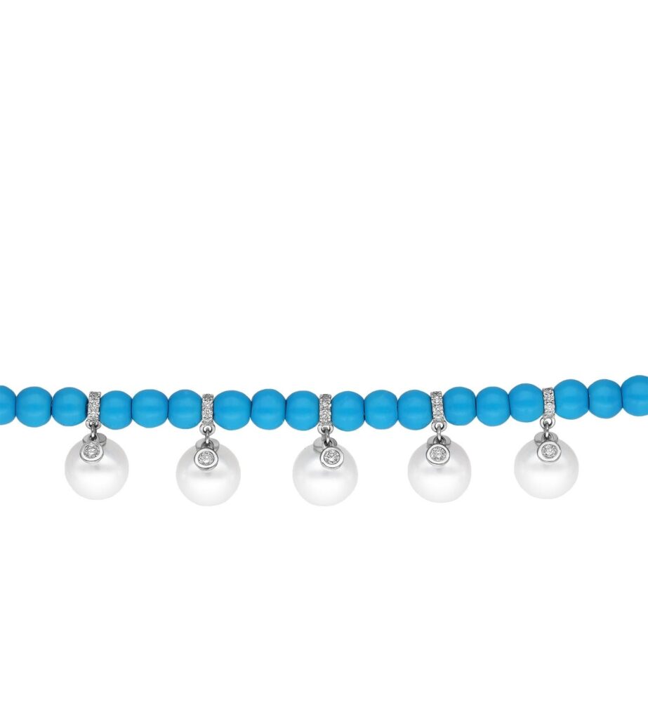 925 Sterling Silver Turquoise Perlee Diamond Pearl Bracelet