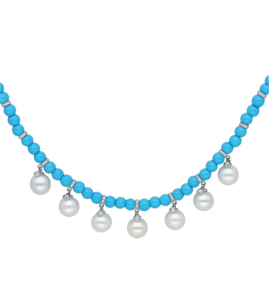 925 Sterling Silver Turquoise Perlee Diamond Pearl Necklace