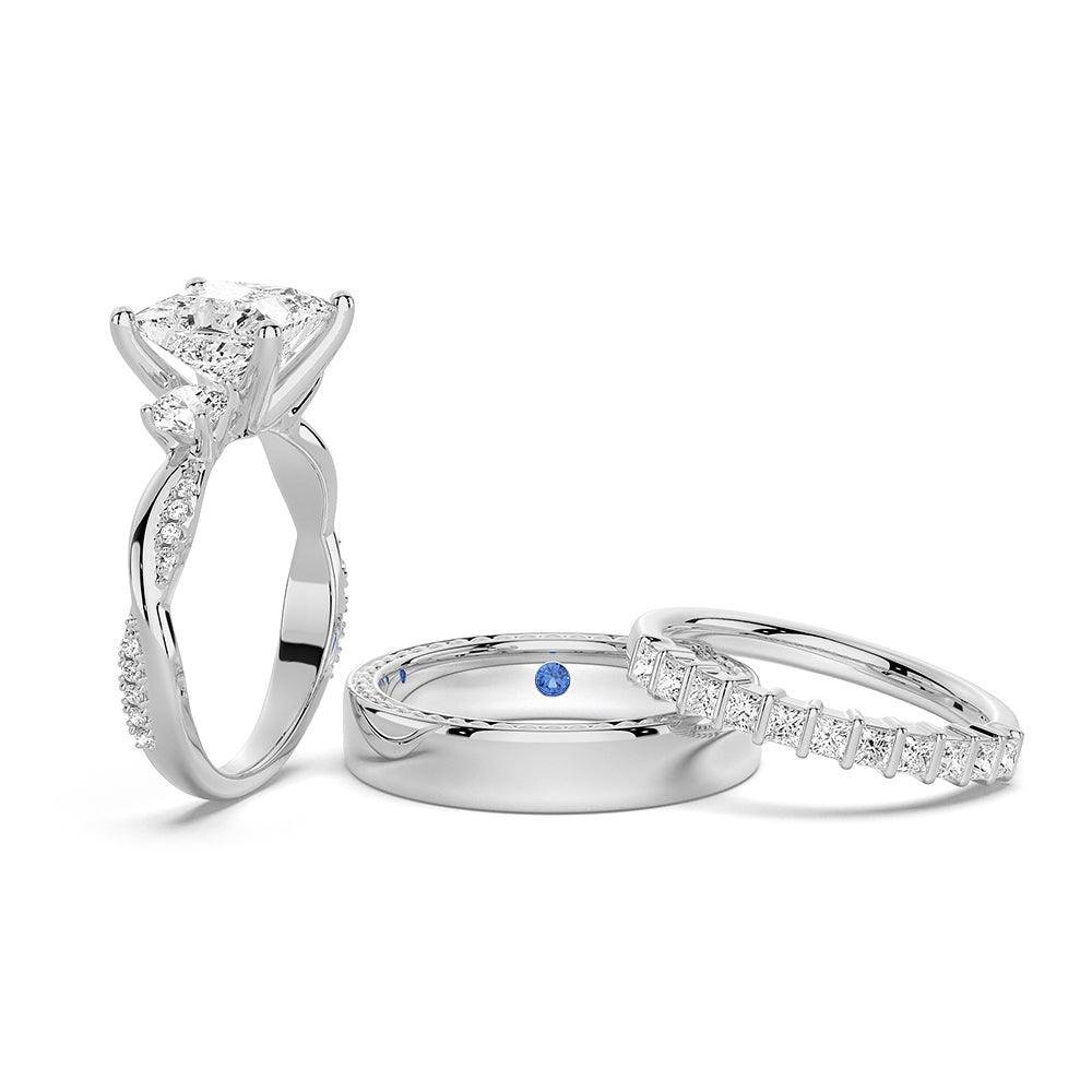 925 Sterling Silver Twist Vine Princess Cut Diamond Bridal Set Men Wedding Band