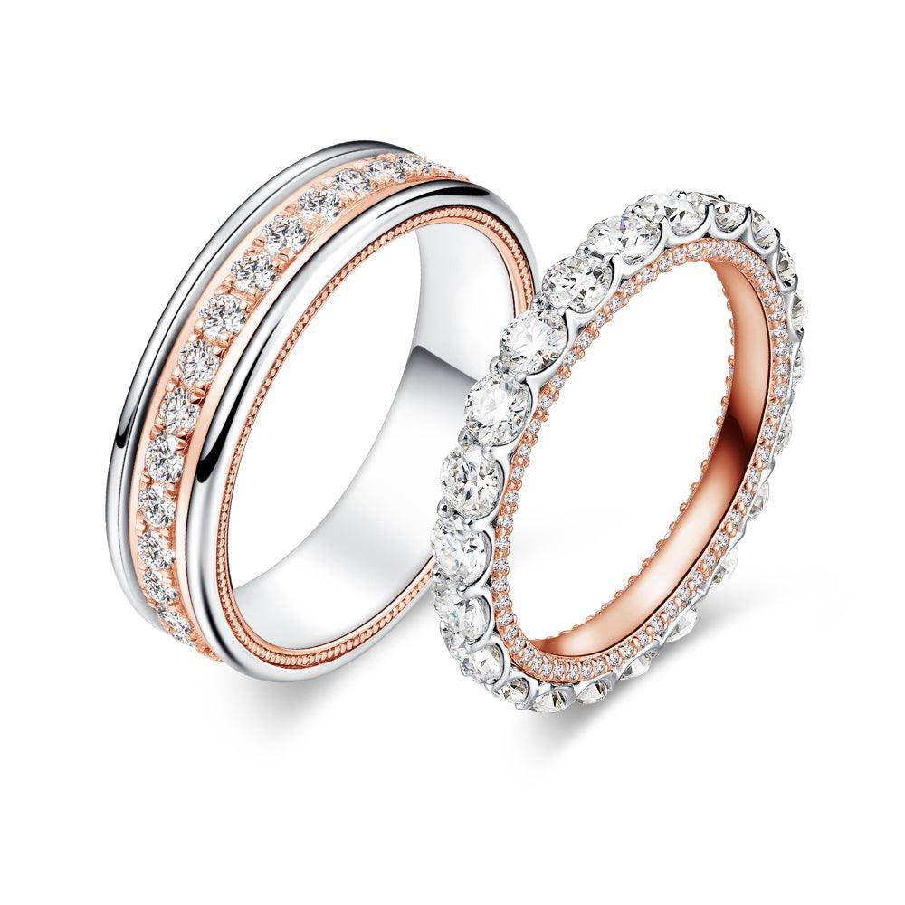 925 Sterling Silver Two Tone Round Diamond Eternity Couple Ring Set