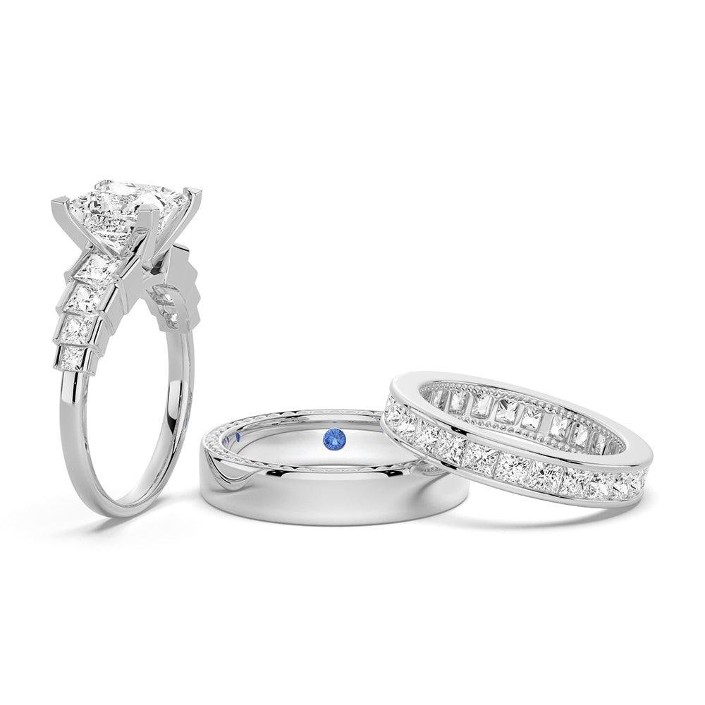 925 Sterling Silver Unique Three Stone Princess Cut Diamond Bridal Set Men Wedding Band