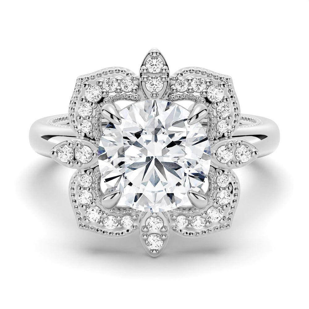 925 Sterling Silver Vintage Art Deco Milgrain Halo Round Diamond Engagement Ring