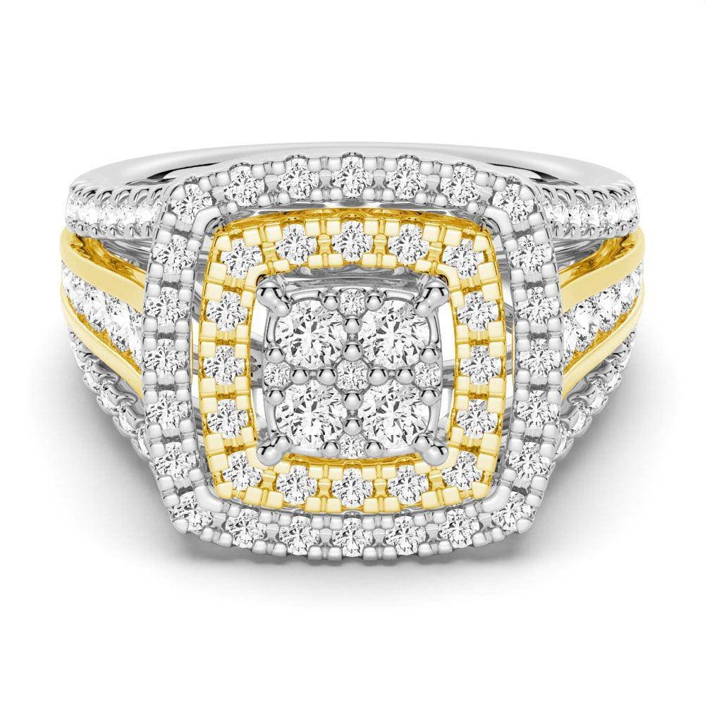 925 Sterling Silver Vintage Cluster Two Tone Diamond Engagement Ring Triple Shank Band