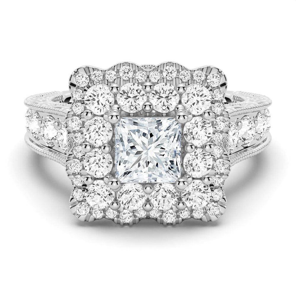 925 Sterling Silver Vintage Double Halo Princess Cut Diamond Engagement Ring