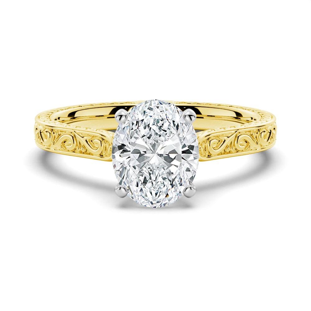 925 Sterling Silver Vintage Two Tone Oval Diamond Engagement Ring Milgrain Edges