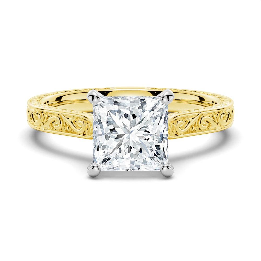 925 Sterling Silver Vintage Two Tone Princess Cut Diamond Engagement Ring Milgrain Edges